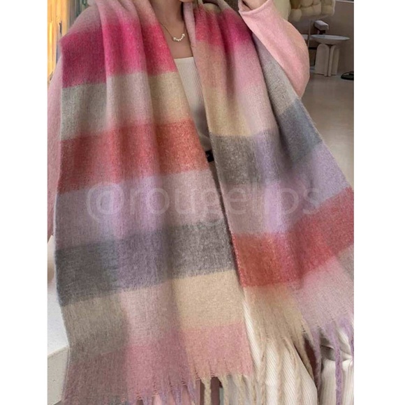 Colorblock Plaid Pastel Colors Wide Scarf Shawl Pink Beige Tan Cream Fringe - Picture 5 of 6